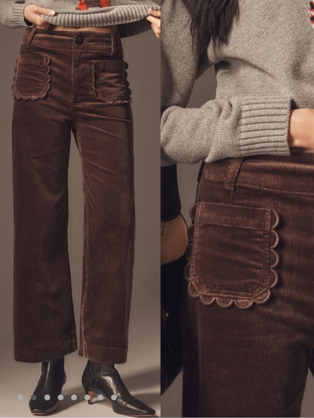The Colette Scallop Pocket Corduroy Crop Wide-Leg Pants by Maeve Dark Mink